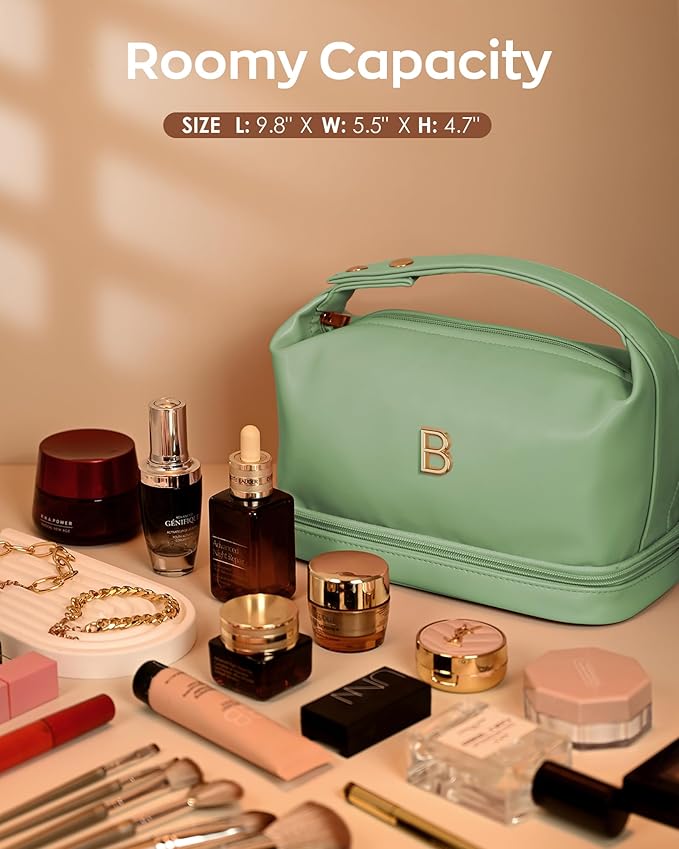 Personalized Gifts for Women Unique, Makeup Bag with Handle, Initial Double Layer Cosmetic Bag with Makeup Brush Organizer, Cute Cosmetic Pouch for Women, Gifts for Friends Female Mom
