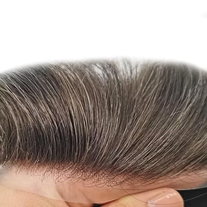 FACE MIRACLE Toupee for Men French Lace Hairpiece Human Hair Replacement System Skin PU Mens Toupee Hair Wigs for Man V-Looped Front 6"x8",#210 6"X8" #1B60 Off Black with 60% Gray-80% Light Density