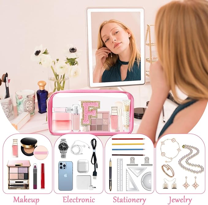 Personalized Initial Letter Clear Makeup Bag,Preppy Small Nylon&PVC Cosmetic Zipper Bag with Chenille Letter,Portable Beach Travel Skincare Toiletry Bag,Trendy Monogram Gift for Teen Girls Women,F
