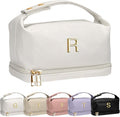 Makeup Bags for Teens Girls, Initial Double Layer Cosmetic Bag with Makeup Brush Organizer, Large Capacity PU Leather Travel Toiletry Bag, Gifts for Friends Female Mom