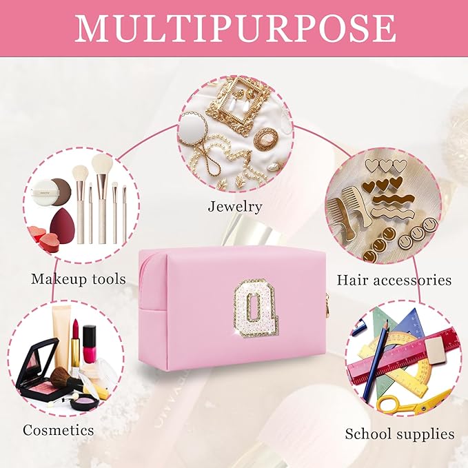 Personalized Initial Letter Makeup Bag, Small Preppy Glitter Letter Cosmetic Pouch PU Waterproof Zipper Travel Toiletry Bag, Unique Letter Patch Makeup Organizer Gift for Women Teen Girls(Letter Q)