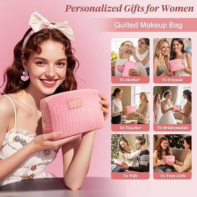 Monogrammed Make Up Bags for Women,Personalized Cosmetic Bags Women,Small Quilted Makeup Pouch,Cute Makeup Bag Travel,Birthday Gifts for Teen Girl (Pink V)
