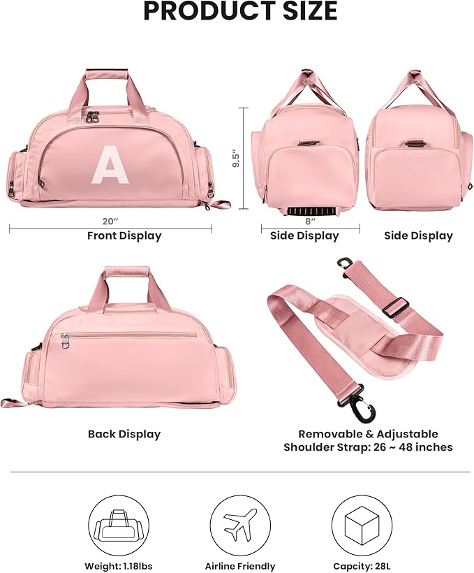 Daughter Gifts from Mom, Initial Gym Bags with Shoe Compartment, Dance Bag for Girls, Monogram Kid Overnight Bags, Travel Duffle Tote-Perfect for Ballet Sport Gymnastics Cheer (Letter F)