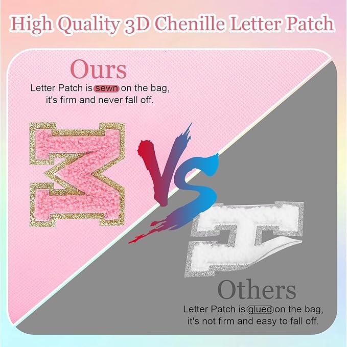 Small Personalized Glitter Initial Letter Makeup Bag, Cute PU Leather Chenille Letters Cosmetic Bag Travel Makeup Pouch, Preppy Travel Organizer Zipper Pouch for Women&Girls（PinkPink-Q）