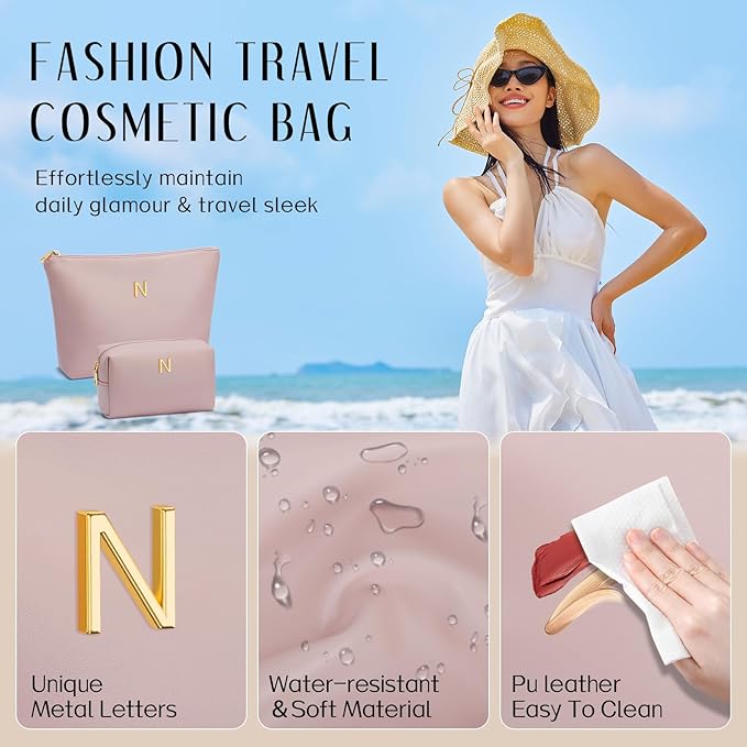 Women Gifts | Initial Makeup Bag Set for Girl Personalized Gifts for Bridesmaid Friend Graduation Teachers PU Leather Cosmetic Travel Toiletry Bag(Pink,N)