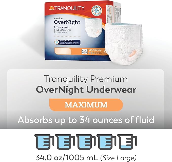 Tranquility Premium OverNight Disposable Absorbent Underwear (56 Count) - XL, 48-66 in. Waist - Maximum Absorbency, All-Night Sleep, Breathable Comfort, 56 Adult Diapers