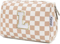 Narwey Birthday Gifts for Women Teen Girls Kids Personalized Initial Checkered Makeup Bag Cute Cosmetic Bag Trendy Stuff 6 8 10 11 12 13 14 16 18 Years Old Travel Toiletry Bag (Brown Checker Letter L)