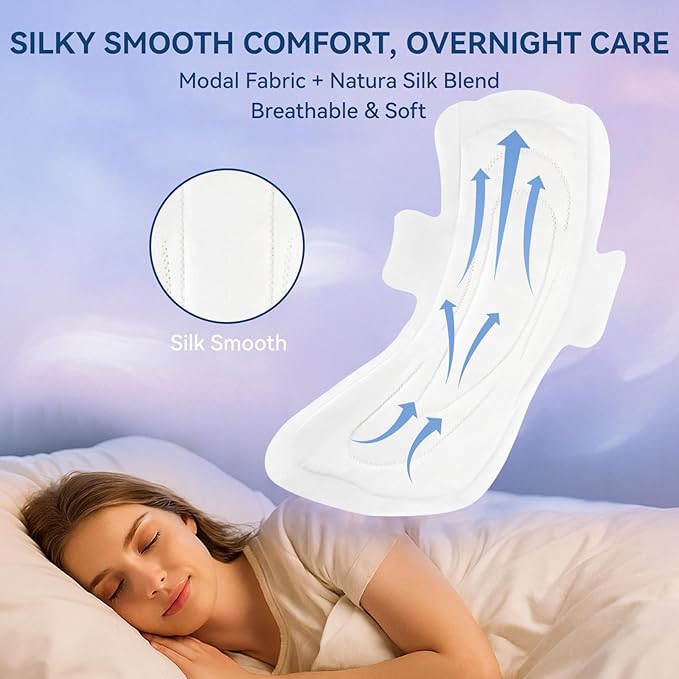 MODAL Heavy Flow Pads for Women Overnight, Unscented Sanitary Pads for Period with Wings, 16.5 Inch(420 mm), Extra Heavy Overnight, 8 Count