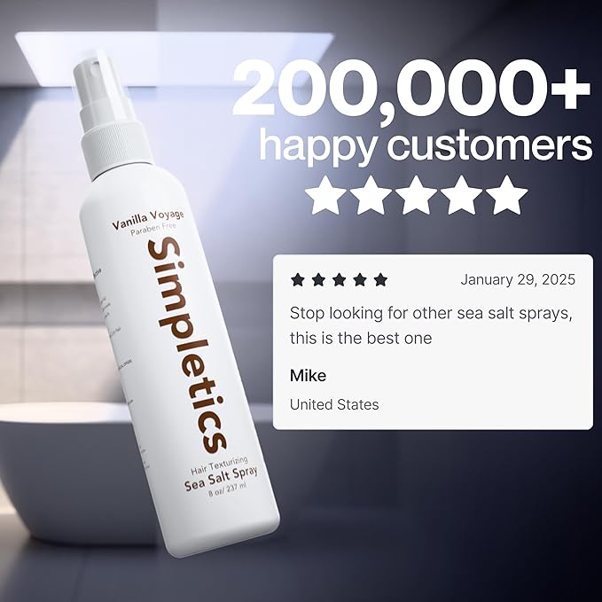 Simpletics Himalayan Sea Salt Hair Spray (Sandalwood Scent) – Natural 5-Ingredient Formula for Beach Waves & Volume – Light Hold, Non-Greasy, Paraben & Sulfate Free – Unisex 8 fl oz