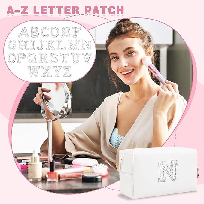 Bride Gifts – Personalized Initial Makeup Bag with Pearl Rhinestone Patch, Preppy White Monogram Cosmetic/Toiletry Pouch, bridesmaid Gifts, Bridal Shower Gifts, Wedding Gifts, Bridal Gifts,N