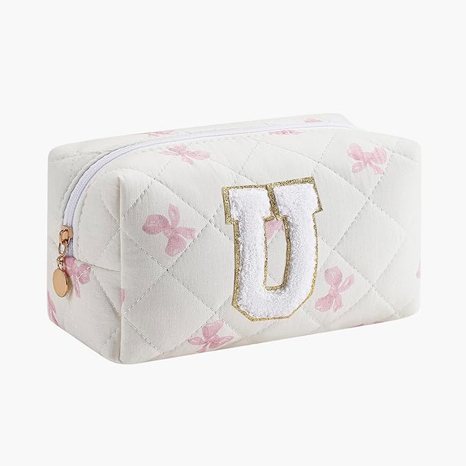 Gleyemor Personalized Initial Makeup Bag for Women, Cute Quilted Pink Floral Cotton Cosmetic Bag, Christmas Gifts for Her Mom Friend Sister Bridesmaid Teacher Women U