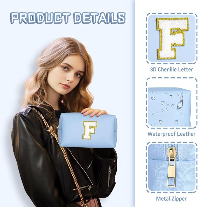 TOPEAST Makeup Bags for Women, Personalized Initials Travel Makeup Bag Cosmetic Bags for Women Birthday Gifts for Women (Sky Blue M)