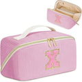 Personalized Initial Makeup Bag,Christmas Gifts for Girl,Preppy Bag Cosmetic Travel Bag Women,Travel Toiletry Organizer,Large Capacity Corduroy Stuff Bag,Cute Cosmetic Pouch Skincare Bag-X