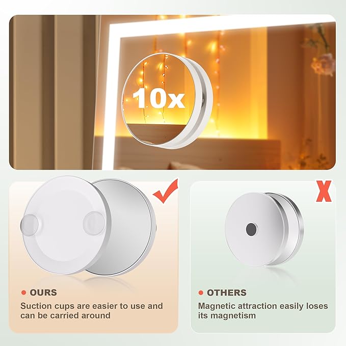Hasipu Vanity Mirror with Lights, 36" x 24" LED Makeup Mirror, Light up Mirror with 10X Magnification and Phone Holder, USB Charging Port, Smart Touch 3 Colors Dimmable (White)