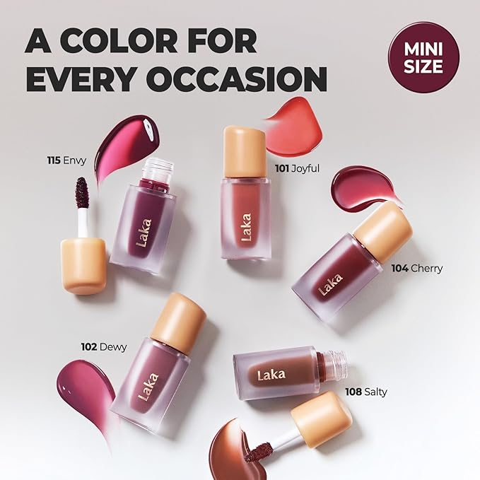 Laka Fruity Glam Tint Mini Set, 5pc Lip Tint Gift Set for Women, Hydrating & Glowy Finish, Lightweight & Transfer-proof Stain, Perfect Holiday Stocking Stuffers, K-Beauty