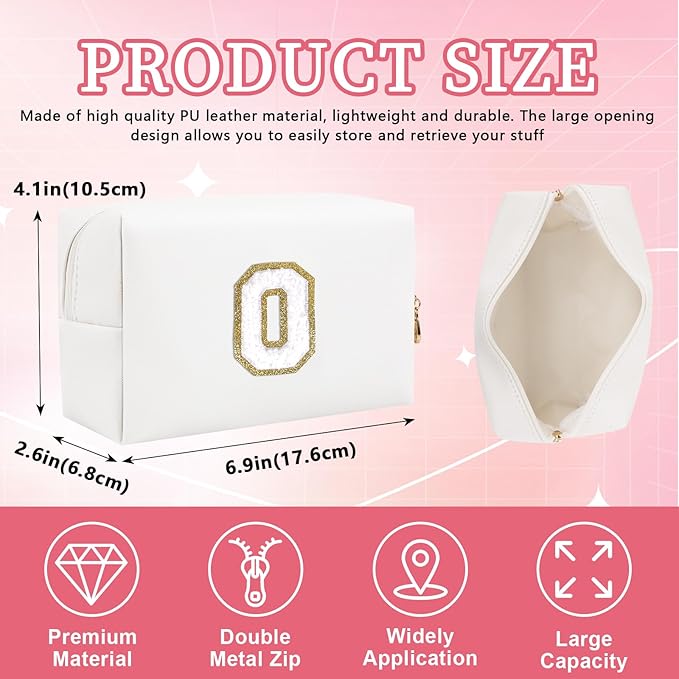 Personalized Initial Letter Patch Makeup Bag, Preppy Portable Chenille Letter Cosmetic Bag with Zipper, PU Leather Waterproof Travel Toiletry Bag Monogram Make Up Pouch for Women Girls(Letter O)