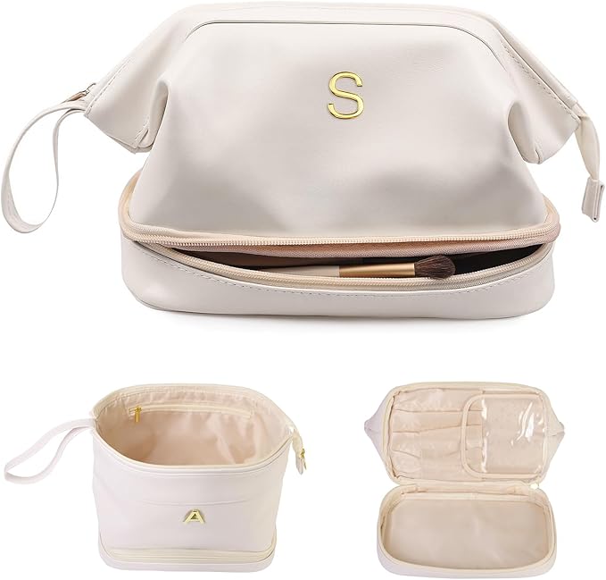 Personalized Gifts, Initial Makeup Bag, Personalized Double Layer Cosmetic Bag with Makeup Brush Organizer, Large Capacity PU Leather Travel Toiletry Bag Bride Gifts, Bridal Party Gifts
