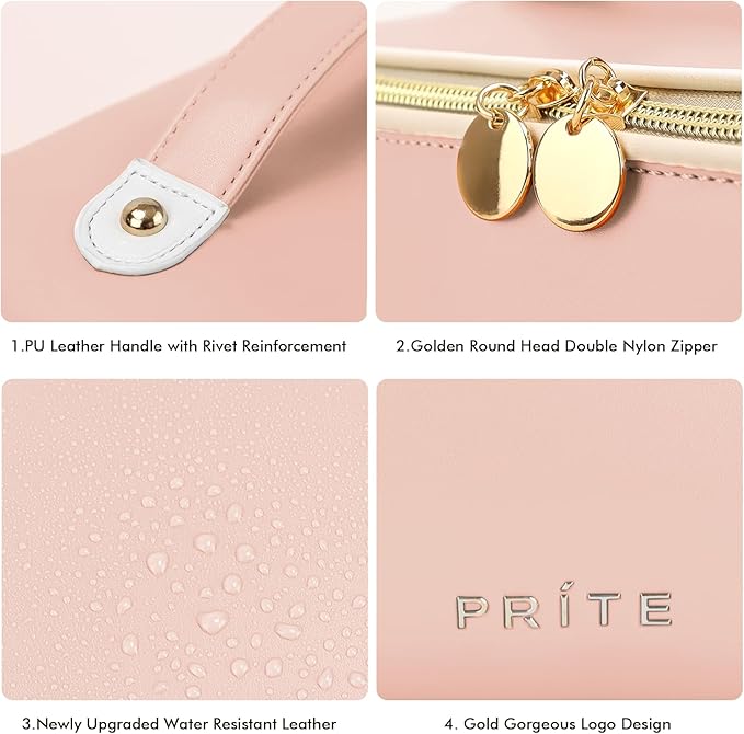 Prite Makeup Bag for Women Travel Waterproof Vegan Leather Cosmetic Bag Open Flat Toiletry Bag With Clear Divider and Handle (Large Pink)