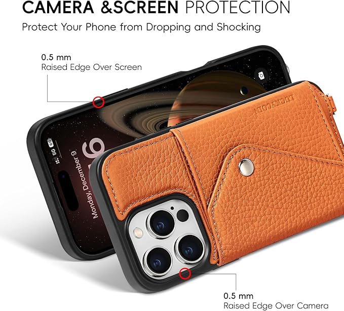 LUCKYCOIN Crossbody Wallet Phone Case for iPhone 16 Pro,100% Genuine Leather Wallet Phone Case with Expandable Flip Card Holder,Phone Purse for Women with Adjustable Removable Strap - Pebble Brown