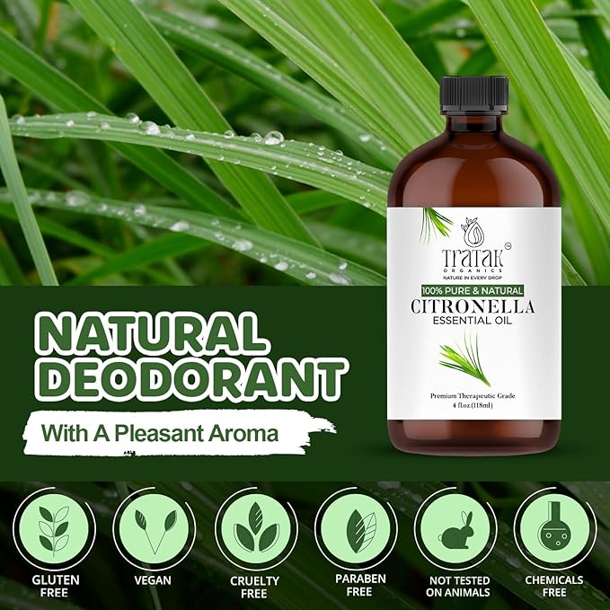 Citronella Essential Oil – 4 Fl Oz – 100% Pure and Natural Citronella Oil for Diffuser and Aromatherapy, Skin, Massage, Candle and Soap Making Fragrance - with Dropper