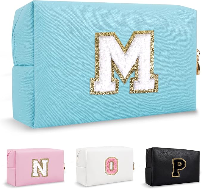 Small Travel Initial Preppy Makeup Bag, Personalized Cute Blue Cosmetic Organizer Chenille Letter Travel Toiltery Zipper Pouch, Waterproof PU Make Up Case Storage Mothers Day Gifts for Mom(Letter M)