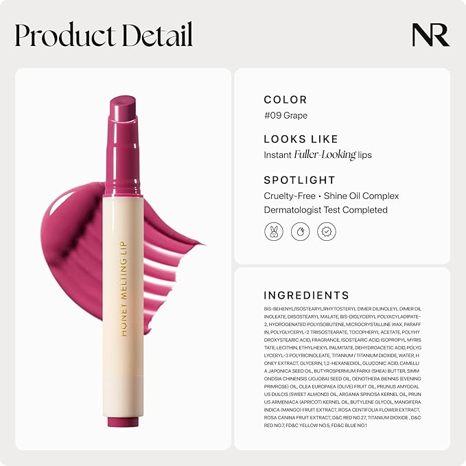 Nature Republic HONEY MELTING LIP (09 GRAPE) SOFT LIP STICK Hydrating Gloss, Moisturizing balms, Sheer tint, Shine & Nude, Glowy Finish, korean make up, Stocking Stuffers