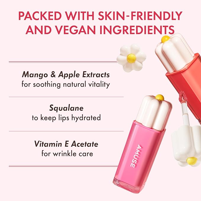 Amuse SEOUL Daisy Flower Dew Tint 04 POMELO NUDE | 35% High-moisture Water Tint, Long-lasting, Vitamin E Acetate, Moisturizing, No Peel Off, Lip Treatment, Non Sticky, Korean Lip Tint for Dry Lips