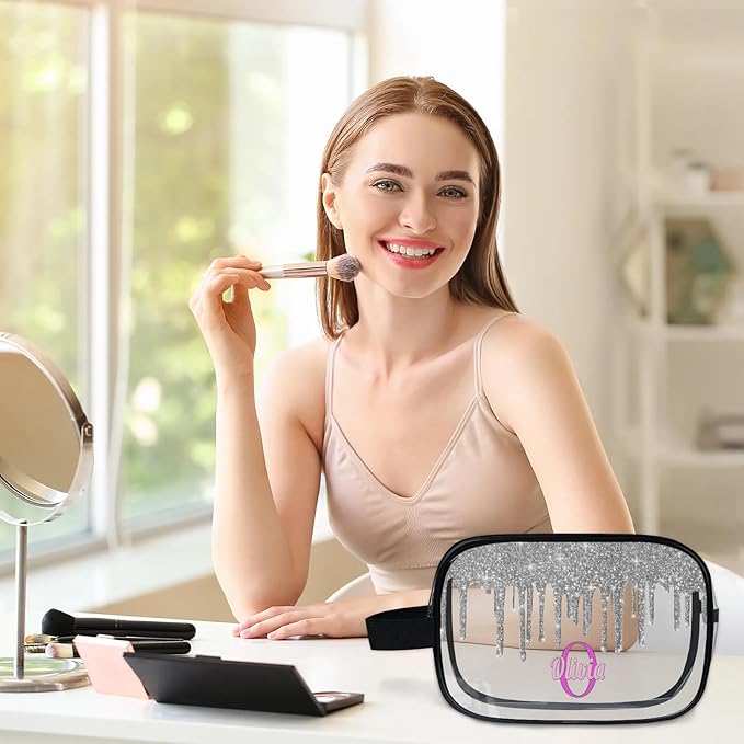 Custom Name Makeup Bag Travel Bag, Clear Toiletry Bag Travel Large Capacity Cosmetic Container Organizer for Shampoo, Shiny Stars Water Fluid Shape Silver Glittering