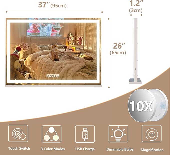 Hasipu Vanity Mirror with Lights and Bluetooth Speaker, 37" x 25.6" LED Makeup Mirror, Lighted Makeup Mirror with Dimmable 3 Modes, Touch Screen Control Vanity Mirror Square White