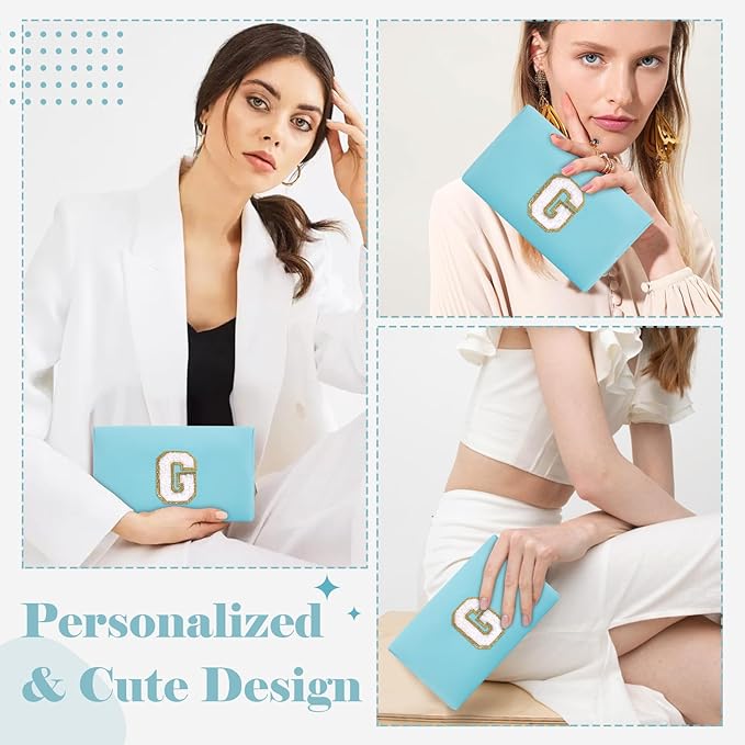 Small Personalized Initial A-Z Preppy Patch Makeup Bag,PU Chenille Letter Travel Cosmetic Pouch with Zipper,Blue Cute Toiletry Bag,Gift Ideal for Teen Girls Women Teacher Bridesmaid,Letter G
