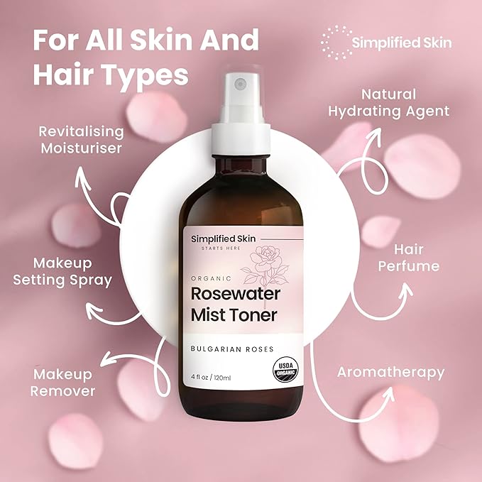 Rose Water Spray for Face & Hair – Pure USDA Organic Rosewater Toner – Refreshing Mist for Skin Care, Makeup & Locs – Natural Rose Scent, 4 Oz