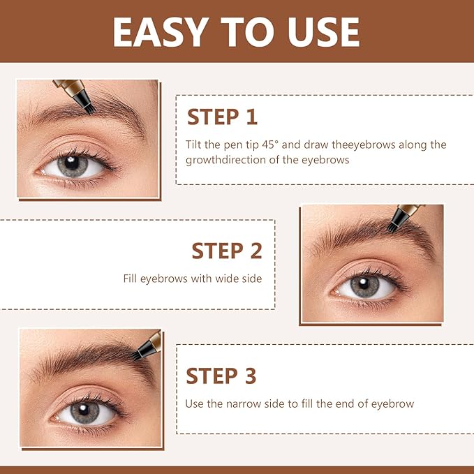 2Pcs Magic Microblading Eyebrow Pencil, 4-Tip Brow Pencil with Micro-Fork Tip, 3D Waterproof Microblading Eyebrow Pen, Eyebrow Tattoo Pen for Natural Makeup (Black)