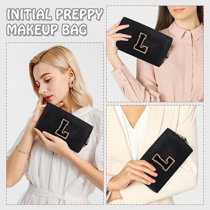 Personalized Initial Preppy Travel Makeup Bag Organizer, Small Black Cute Cosmetic Bag Toiletry Zipper Pouch for Purse, Portable Waterproof PU Make Up Case Birthday Gift for Her Mom Teacher(Letter L)