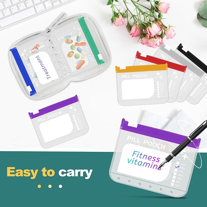 A7-L Water-Proof Pill Pouch Set， Large Pill Organizer, BPA Free, A7-L Pill Loose-Leaf Storage with Color-Coded Medicine Pouches, Reusable Travel Medicine Organizer， Zippered Pill Organizers Weekly