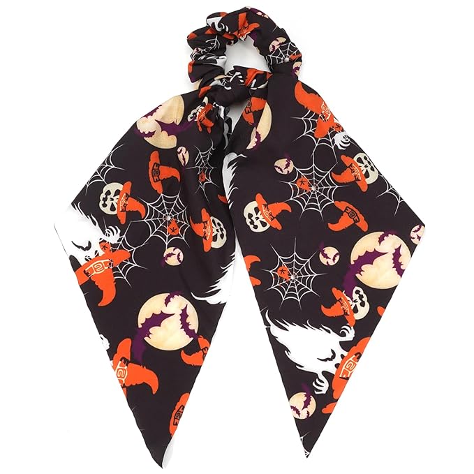 Halloween Hair Ties for Women Girls Spooky Witch Hat Bat Pumpkin Hair Scrunchies Moon Hair Tie Ribbon Hair Bows Halloween Hair Accessories
