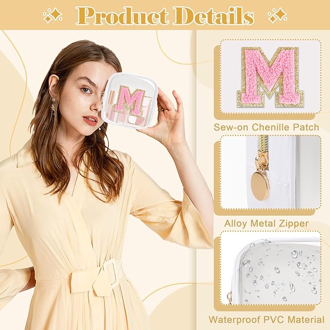 Personalized Initial Letter Clear Preppy Makeup Bag,Mini Nylon Chenille Letter Cosmetic Bag Cute Zipper Pouch Purse for Teen Girls,Portable TSA Approved Beach Travel Essentials Bag Gift for Women,M
