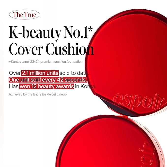 Espoir Be Velvet Cushion Foundation #28 Ginger | Quick and Easy Coverage with Long-lasting Color by Zero Oxidation, Velvety Smooth Finish & Lightweight Formula, Vegan, Korean Makeup, 0.46 oz