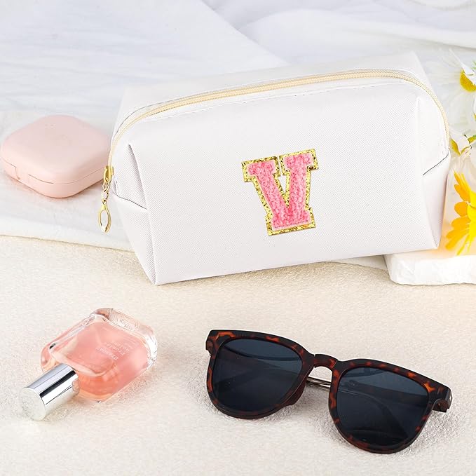 Initial Makeup Bag Personalized Preppy Travel Small Cosmetic Bag Cute PU White Chenille Letter Makeup Pouch for Purse Waterproof Zippered Toiletry Organizer for Women Girls Kids Friends (V)