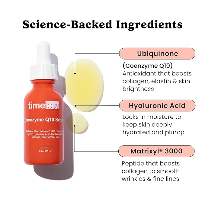 Timeless Skin Care Coenzyme Q10 Serum - Skin Care Serum for Smoothing - Fragrance-Free - Coenzyme Q10 - with Hyaluronic Acid - 1 oz