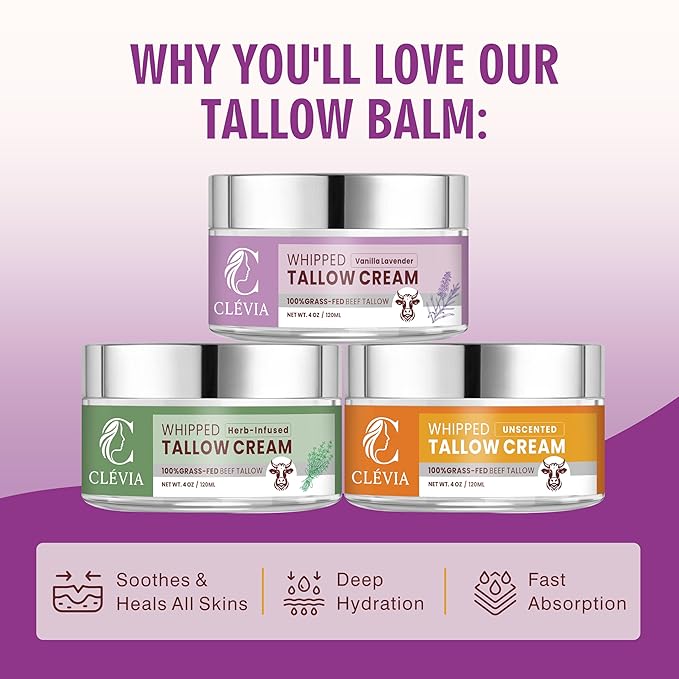 Anti-Wrinkle Whipped Beef Tallow Cream 4 oz - Natural Whipped Tallow Balm Infused with Herbal Extracts & Organic Jojoba Oil - Grass Fed Tallow Moisturizer for Deep Hydration | Herb-Infused Unscented