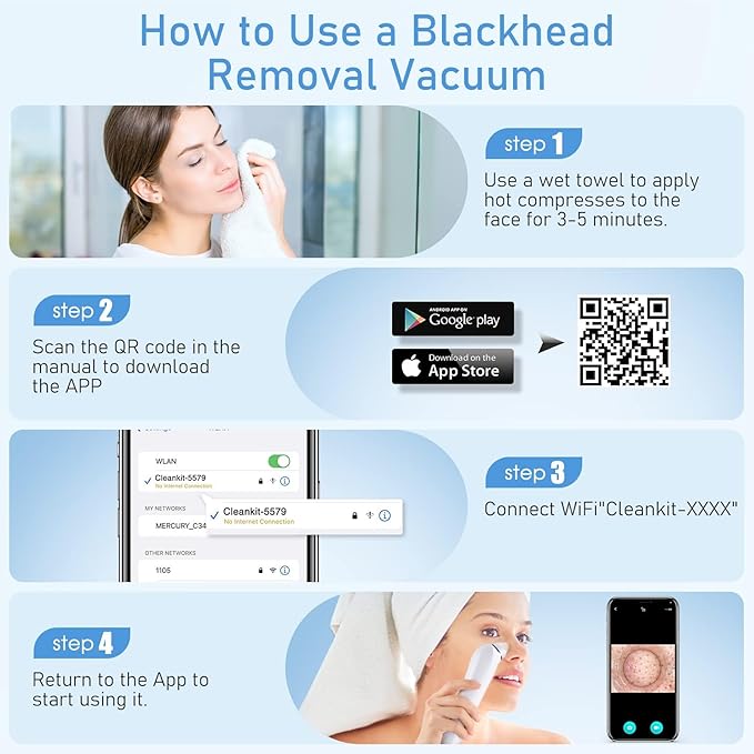 Facial Pore Blackhead Remover Vacuum, 1080P Camera Blackhead Remover, 20x Zoom, 8 LEDs ＆ 3 Suction Modes, 800mAh Battery & USB - 6 Heads Pore Cleaner Kit for Women&Men(Orange)