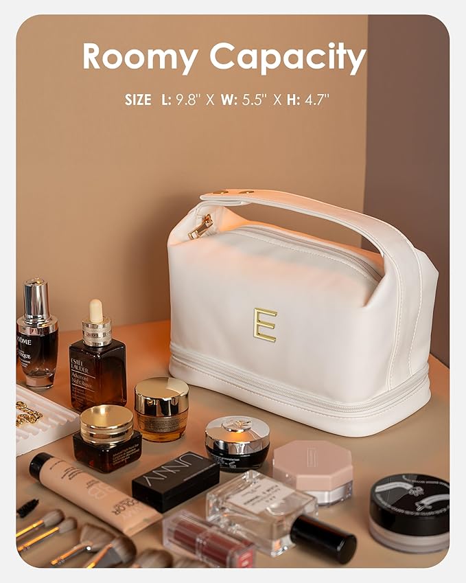 Engagement Gifts, Initial Large Makeup Bag, Personalized Double Layer Cosmetic Bag with Makeup Brush Organizer, Waterproof, Large Capacity PU Leather Travel Toiletry Bag