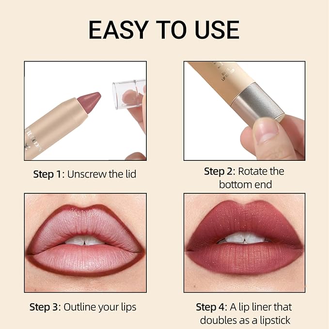 Erinde Matte Shimmer Lipstick Lip Liner Crayon for Women, 24 Hour Lipstick Lip Liner Pencil, Neutral Lipliner Waterproof Long Lasting Smudge Proof, Vegan & Cruelty-Free, C02 Mauve Rose