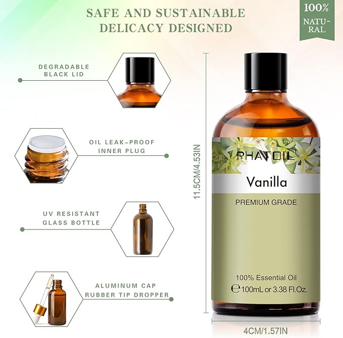 PHATOIL Vanilla Essential Oil 100ML, Vanilla Essential Oils for Diffuser, Humidifier, Aromatherapy, Sleep, Relax