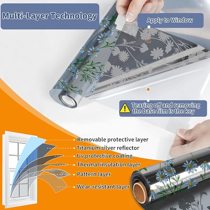 One Way Privacy Film, Window Tint for Home,Daytime Reflective, Anti UV Static Cling Sliding Door Coverings No Glue Garage Solar Paper (Silver -Daisy, 45.27 x 157.4 in)