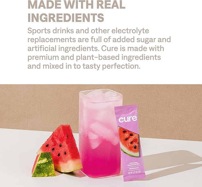 Cure Hydration | Plant-Based Electrolyte Drink Mix | No Added Sugar | FSA-HSA | Dehydration Relief Powder Made with Coconut Water | Non-GMO | Vegan | Pouch of 14 Packets - Watermelon