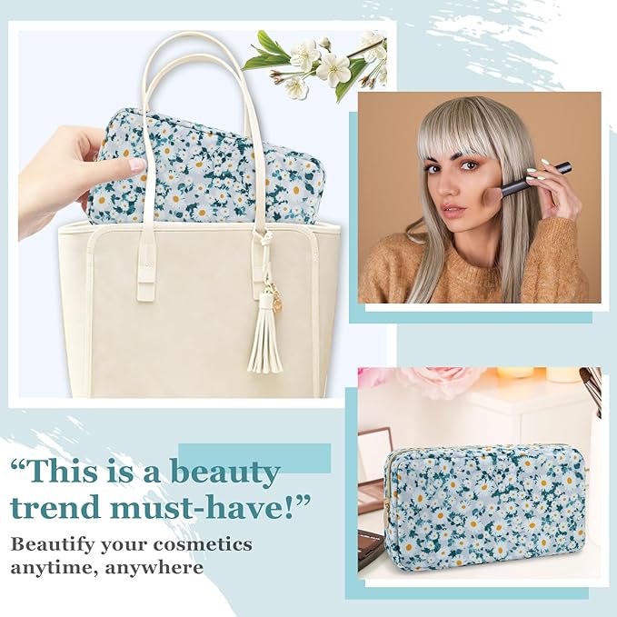 Nylon Small Floral Makeup Bag for Purse, Cute Preppy Makeup Bag Flower Cosmetic Zipper Pouch Purse, Waterproof Portable Travel Toiletry Makeup Brush Coin Pouch Organizer Storage for Women(Green-Daisy)