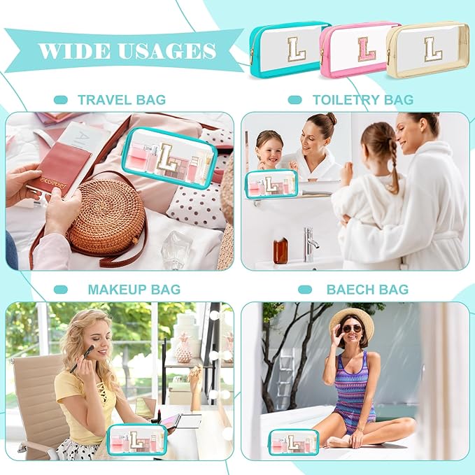 Personalized Initial Letter Clear Makeup Bag,Preppy Small Nylon&PVC Cosmetic Zipper Bag with Chenille Letter,Portable Beach Travel Skincare Toiletry Bag,Trendy Monogram Gift for Teen Girls Women,L