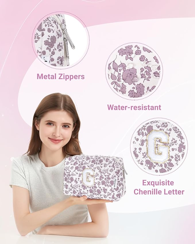 Narwey Birthday Gifts for Teen Girls Kids Women Personalized Initial Floral Makeup Bag Cute Cosmetic Trendy Stuff 6 8 10 11 12 13 14 16 18 Years Old Travel Toiletry Bag (Little Dusty Pink Flower G)