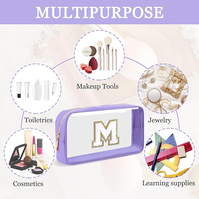 Small Clear Personalized Initial Makeup Bag,Nylon Preppy A-Z Chenille Letter Patch Cosmetic Pouch Beach Toiletry Bag,Waterproof Zip Travel Purse Storage Bag Organizer for Women Girls(Purple-White M)